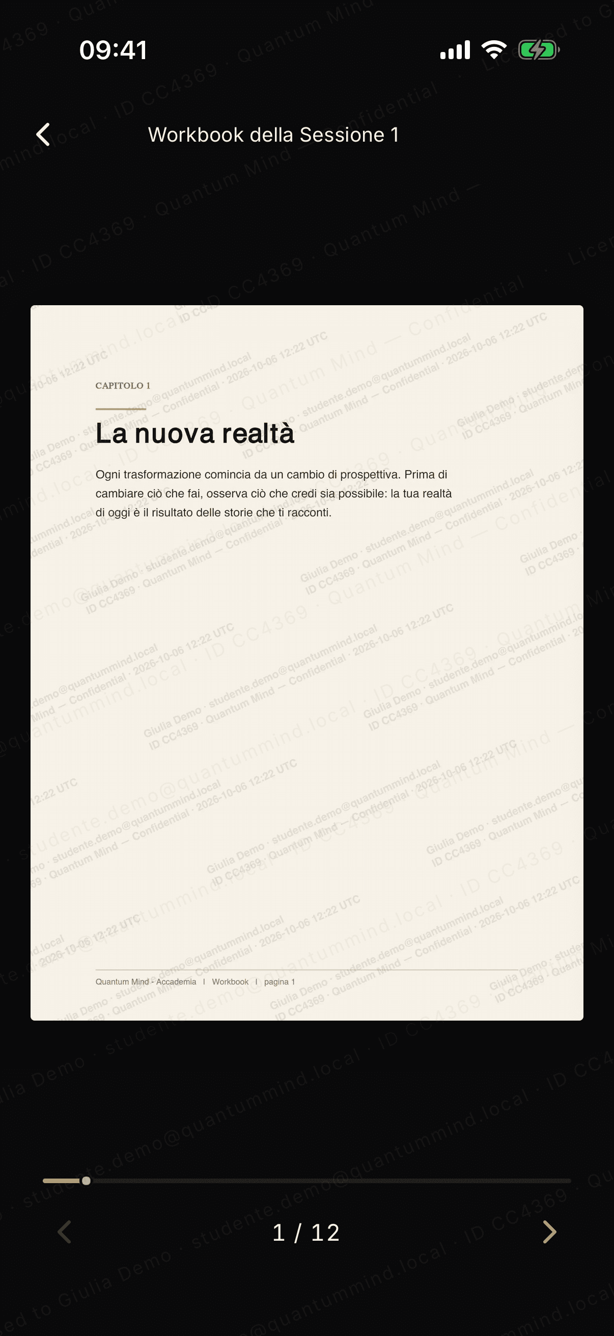 The workbook in the protected viewer: a page carrying the student’s personal watermark, with no download.