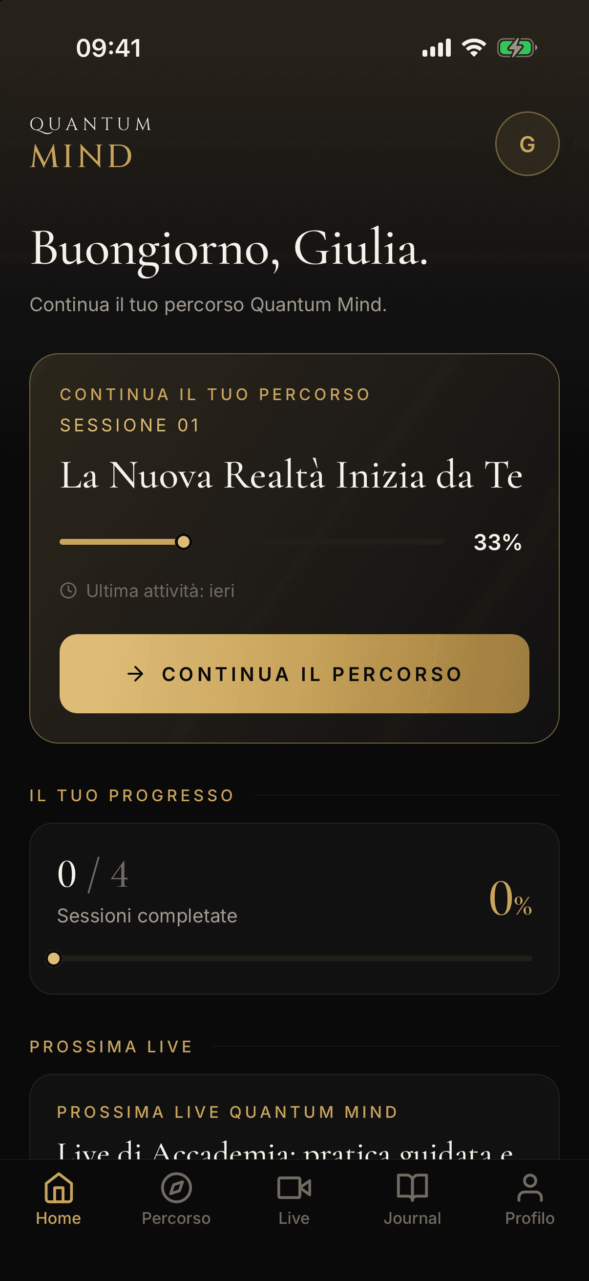 The app Home: personal greeting, the session to resume with its progress percentage, overall progress and the next live session.