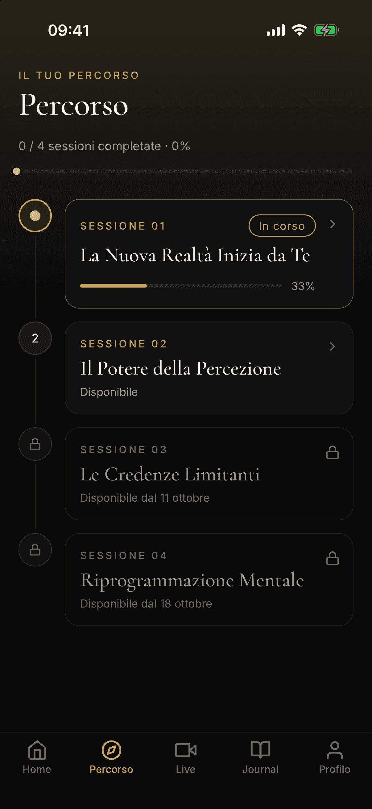 The journey: the session in progress, the available ones and those still locked, with their unlock date.