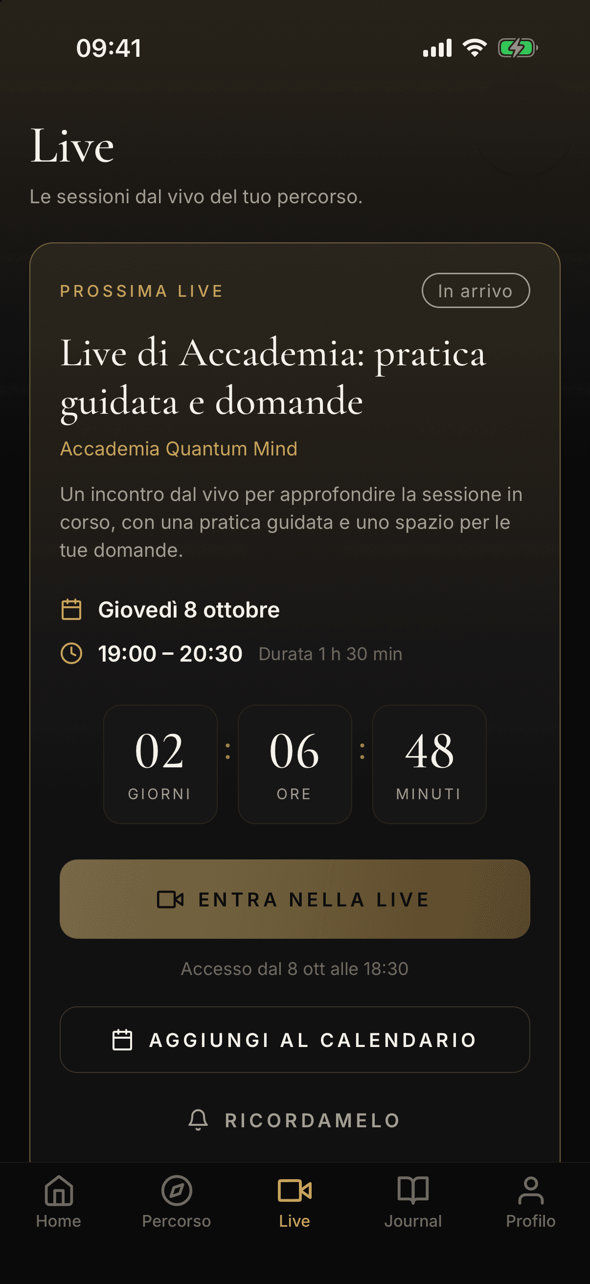 The Live section: the next live session with the countdown and the buttons to join, add it to the calendar and get a reminder.