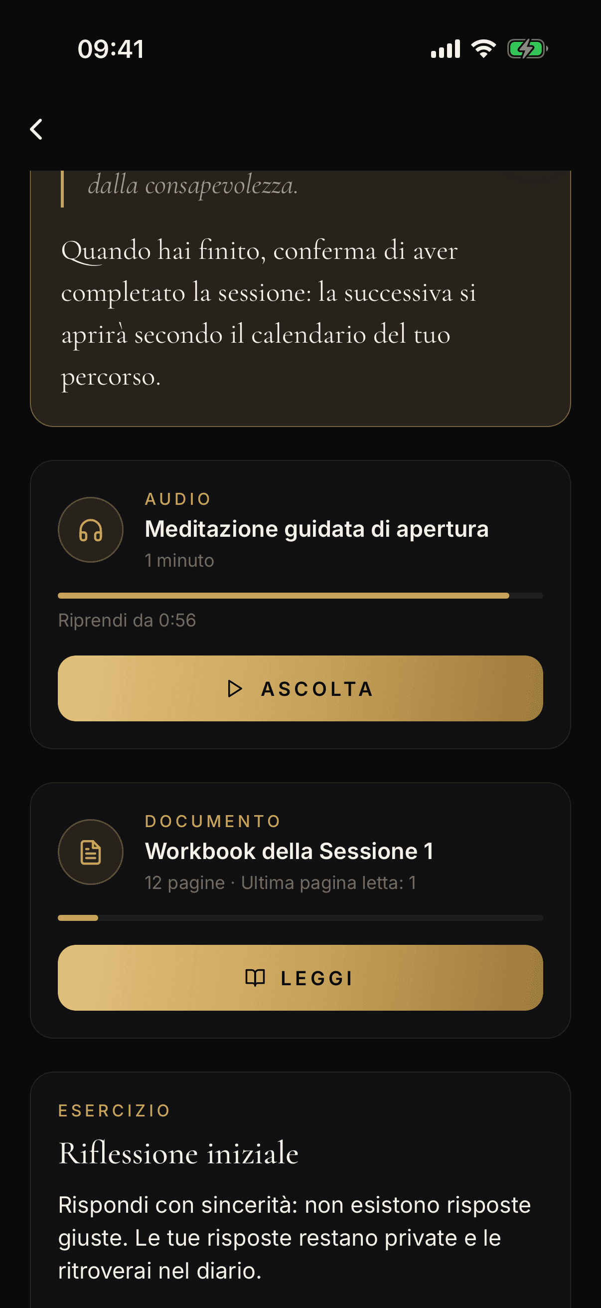 A session: the guided meditation to listen to, the workbook to read and the reflection exercise.
